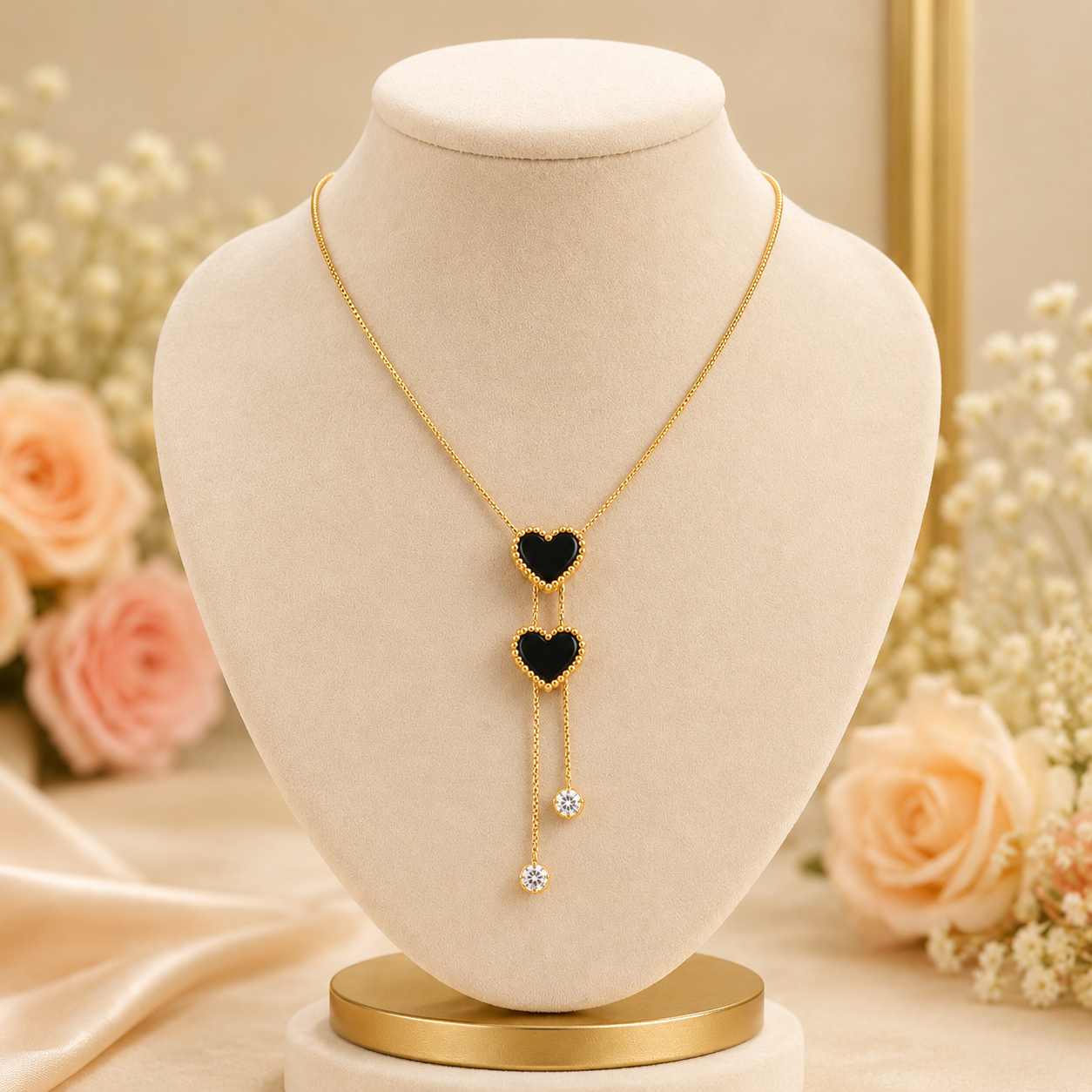 Anti Tarnish Gold Plated Black Heart Pendant Necklace for Women & Girls | Crystal Drop Chain
