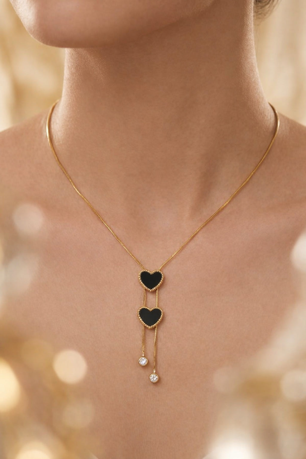 Anti Tarnish Gold Plated Black Heart Pendant Necklace for Women & Girls | Crystal Drop Chain