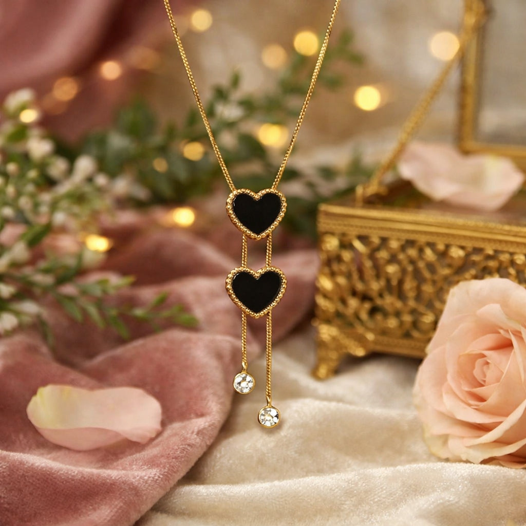 Anti Tarnish Gold Plated Black Heart Pendant Necklace for Women & Girls | Crystal Drop Chain