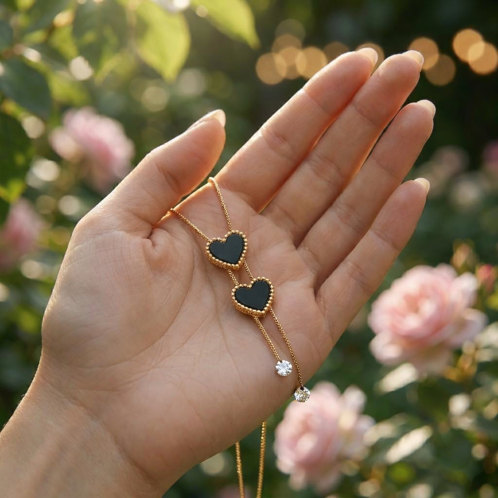 Anti Tarnish Gold Plated Black Heart Pendant Necklace for Women & Girls | Crystal Drop Chain