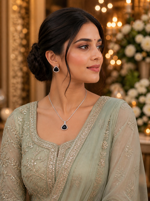 Black Emerald Triangle Pendant With Earrings| Finish With American Diamond