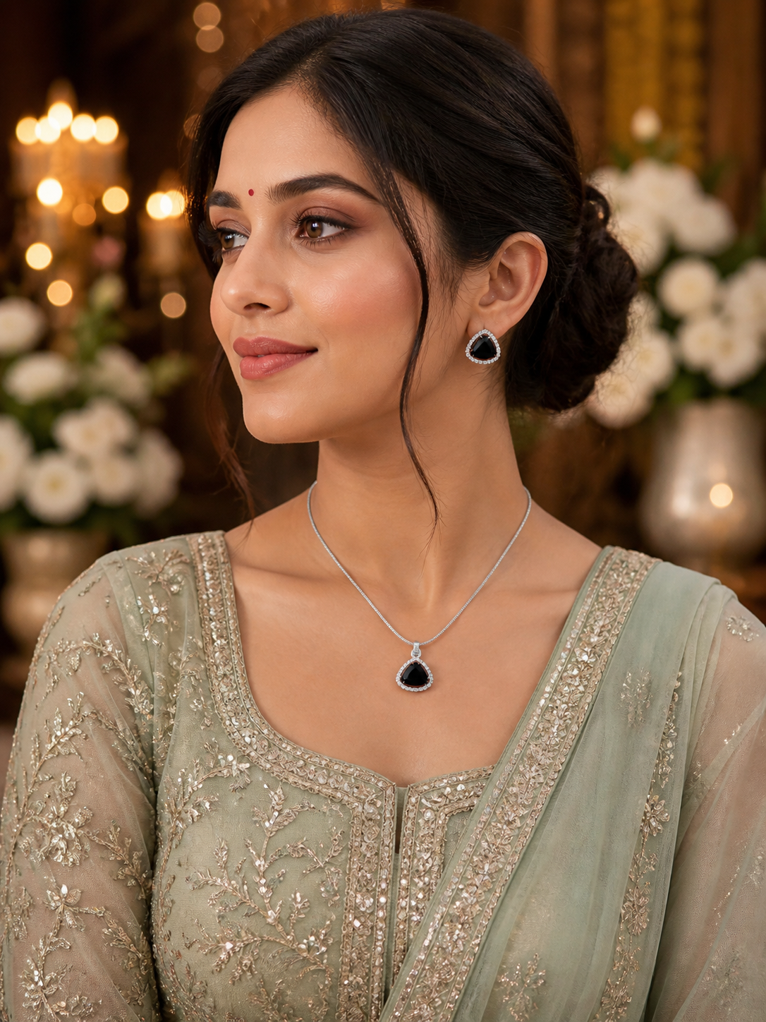 Black Emerald Triangle Pendant With Earrings| Finish With American Diamond