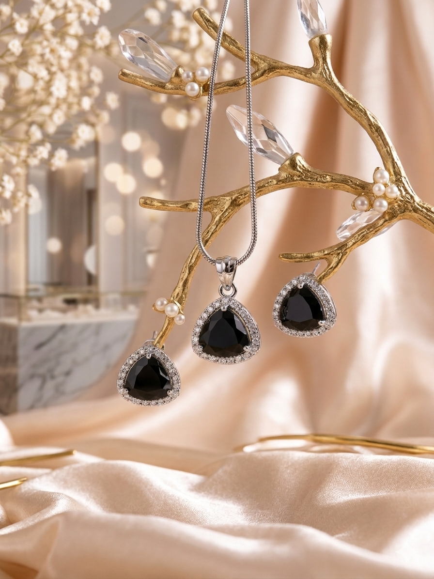 Black Emerald Triangle Pendant With Earrings| Finish With American Diamond