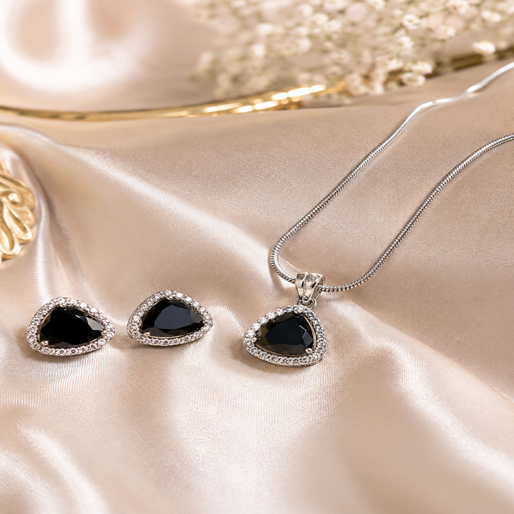 Black Emerald Triangle Pendant With Earrings| Finish With American Diamond