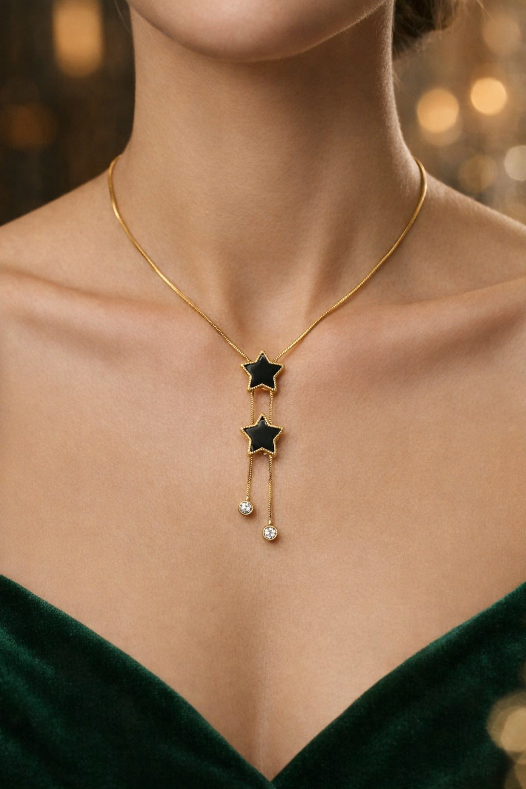 Anti Tarnish Gold Plated Black Star Pendant Necklace for Women & Girls | Crystal Drop Chain