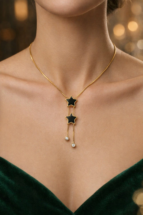 Anti Tarnish Gold Plated Black Star Pendant Necklace for Women & Girls | Crystal Drop Chain