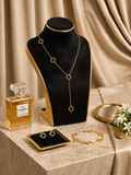Anti Tarnish Gold Plated Clover Jewelry Set for Women & Girls | Necklace, Bracelet & Stud Earrings Set | Korean Style Luxury Jewelry Gift Set