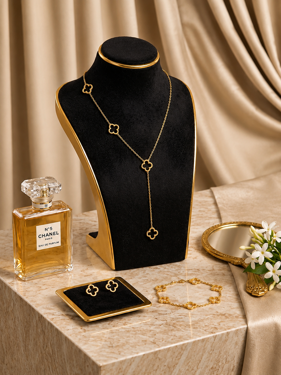 Anti Tarnish Gold Plated Clover Jewelry Set for Women & Girls | Necklace, Bracelet & Stud Earrings Set | Korean Style Luxury Jewelry Gift Set