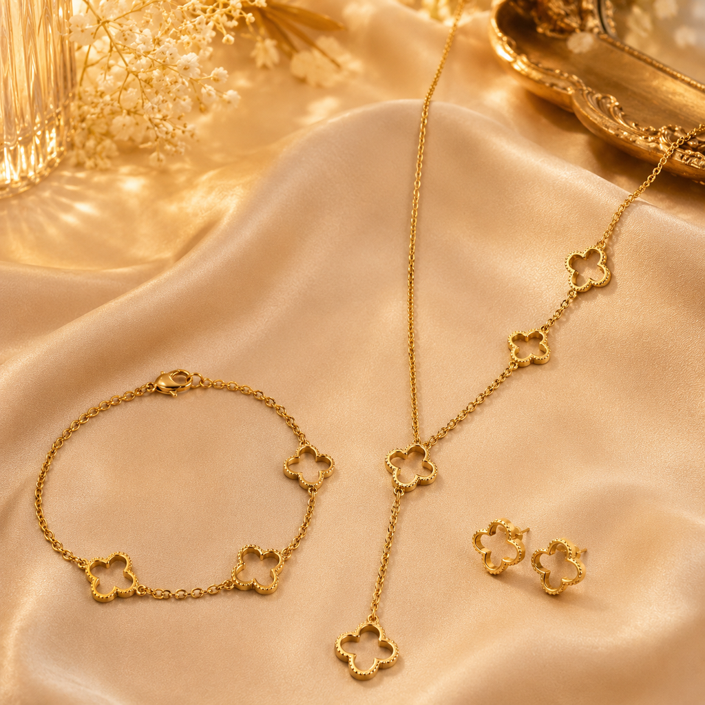 Anti Tarnish Gold Plated Clover Jewelry Set for Women & Girls | Necklace, Bracelet & Stud Earrings Set | Korean Style Luxury Jewelry Gift Set