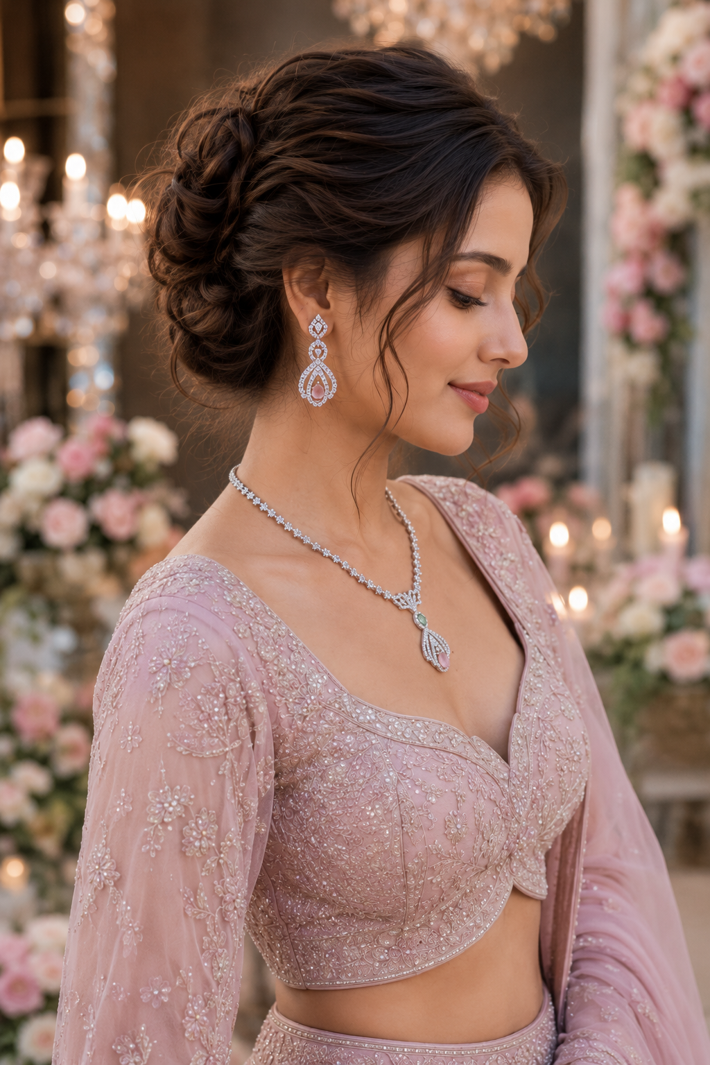 Elegant Dangle American Diamond CZ Necklace & Earrings Set For Women & Girls