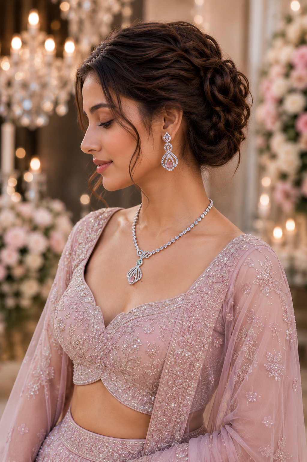 Elegant Dangle American Diamond CZ Necklace & Earrings Set For Women & Girls