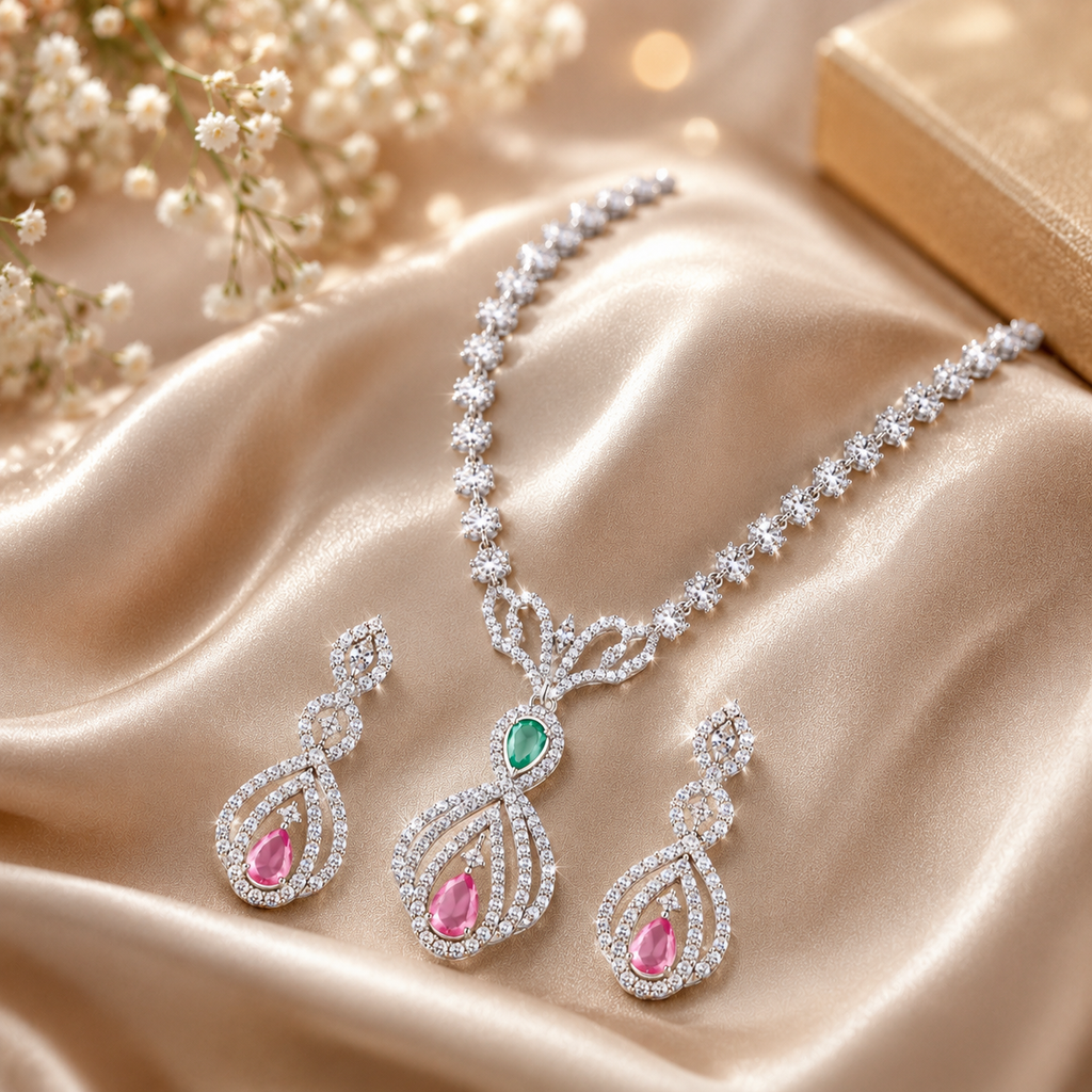Elegant Dangle American Diamond CZ Necklace & Earrings Set For Women & Girls