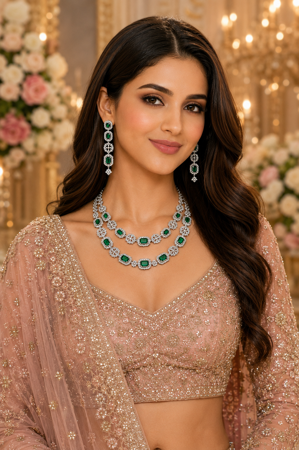 Emerald Green CZ Double Layer Necklace & Earrings Set For Women