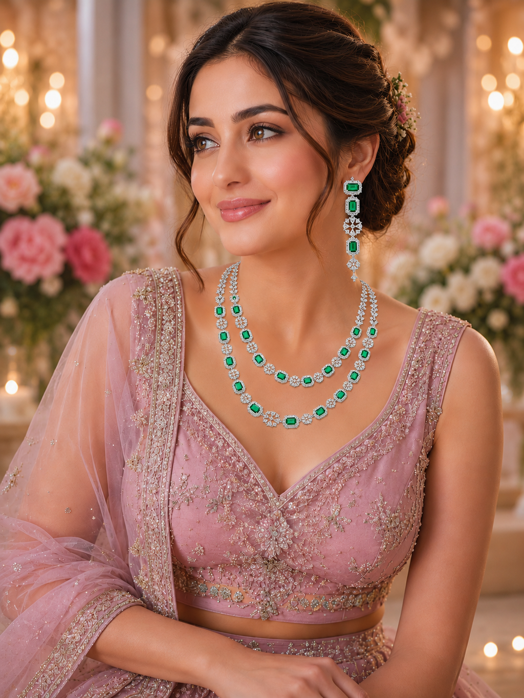 Emerald Green CZ Double Layer Necklace & Earrings Set For Women