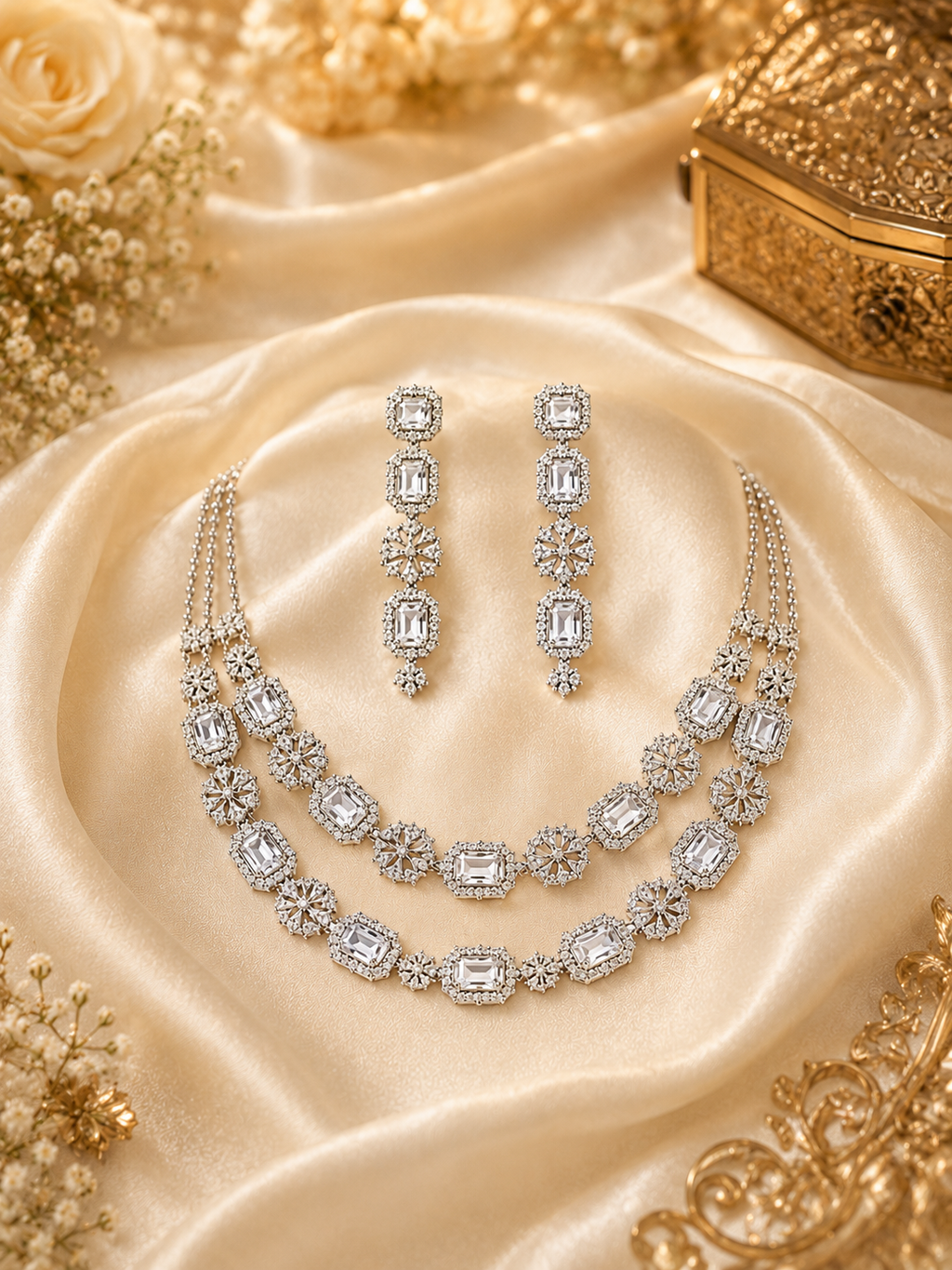 Emerald Green CZ Double Layer Necklace & Earrings Set For Women