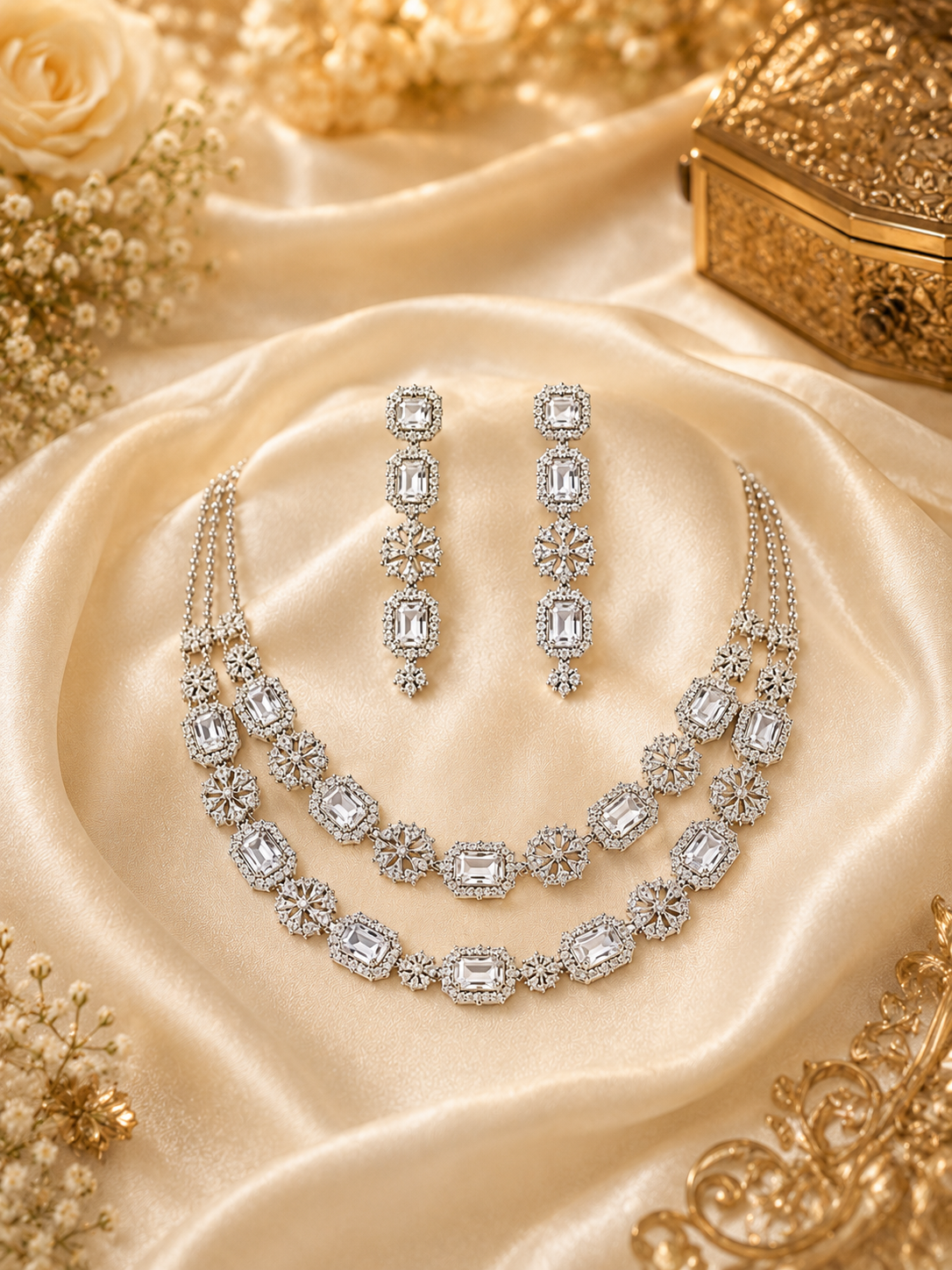 Emerald Green CZ Double Layer Necklace & Earrings Set For Women
