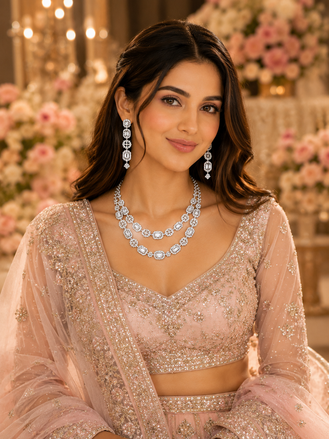 Emerald Green CZ Double Layer Necklace & Earrings Set For Women