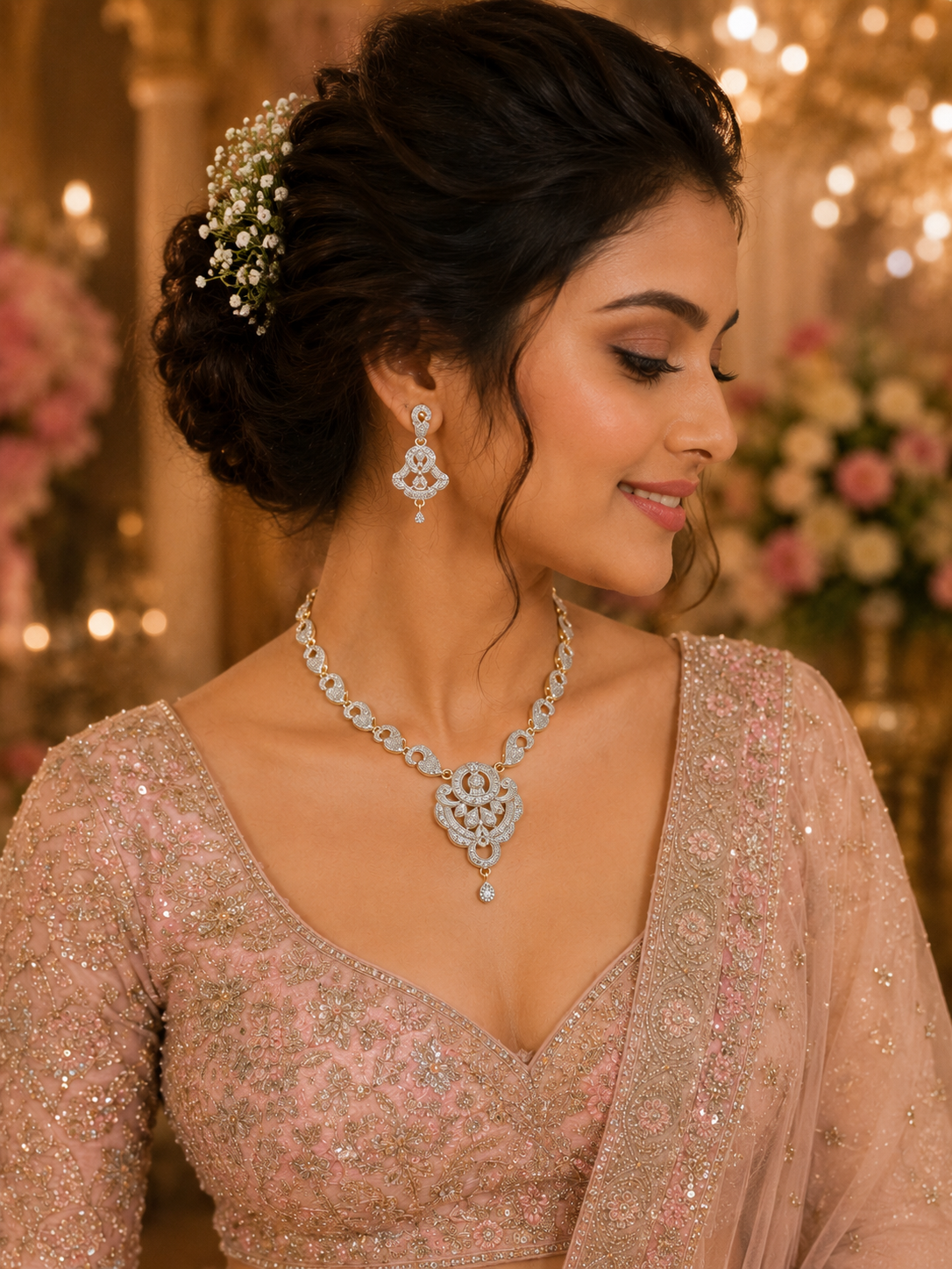 CZ Floral Dual Tone Paisley Necklace & Earrings Set