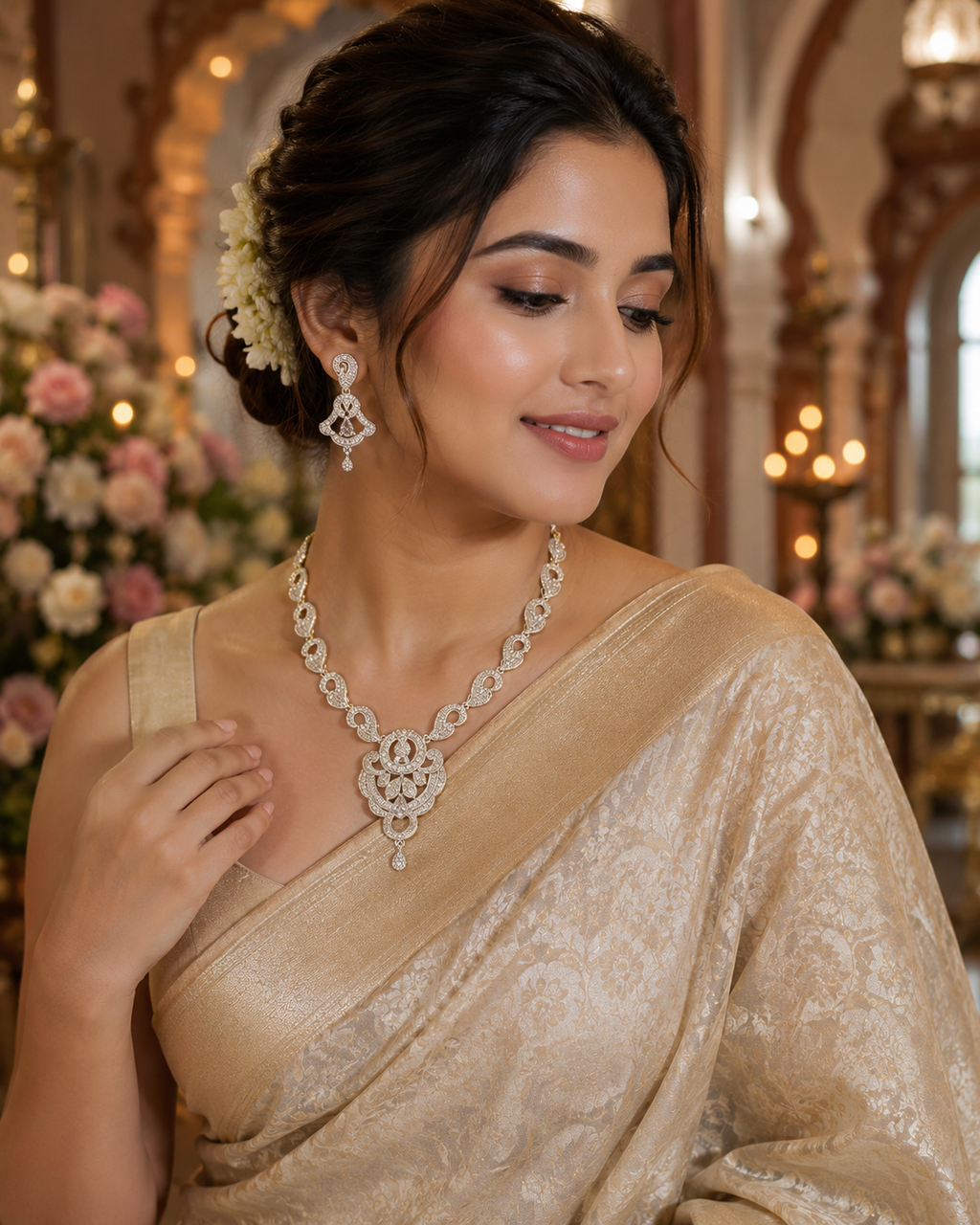 CZ Floral Dual Tone Paisley Necklace & Earrings Set