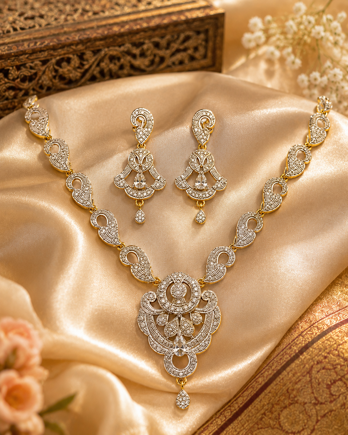 CZ Floral Dual Tone Paisley Necklace & Earrings Set