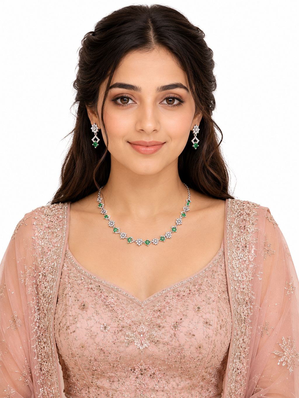 Emerald Green CZ Floral  Necklace & Earrings Set