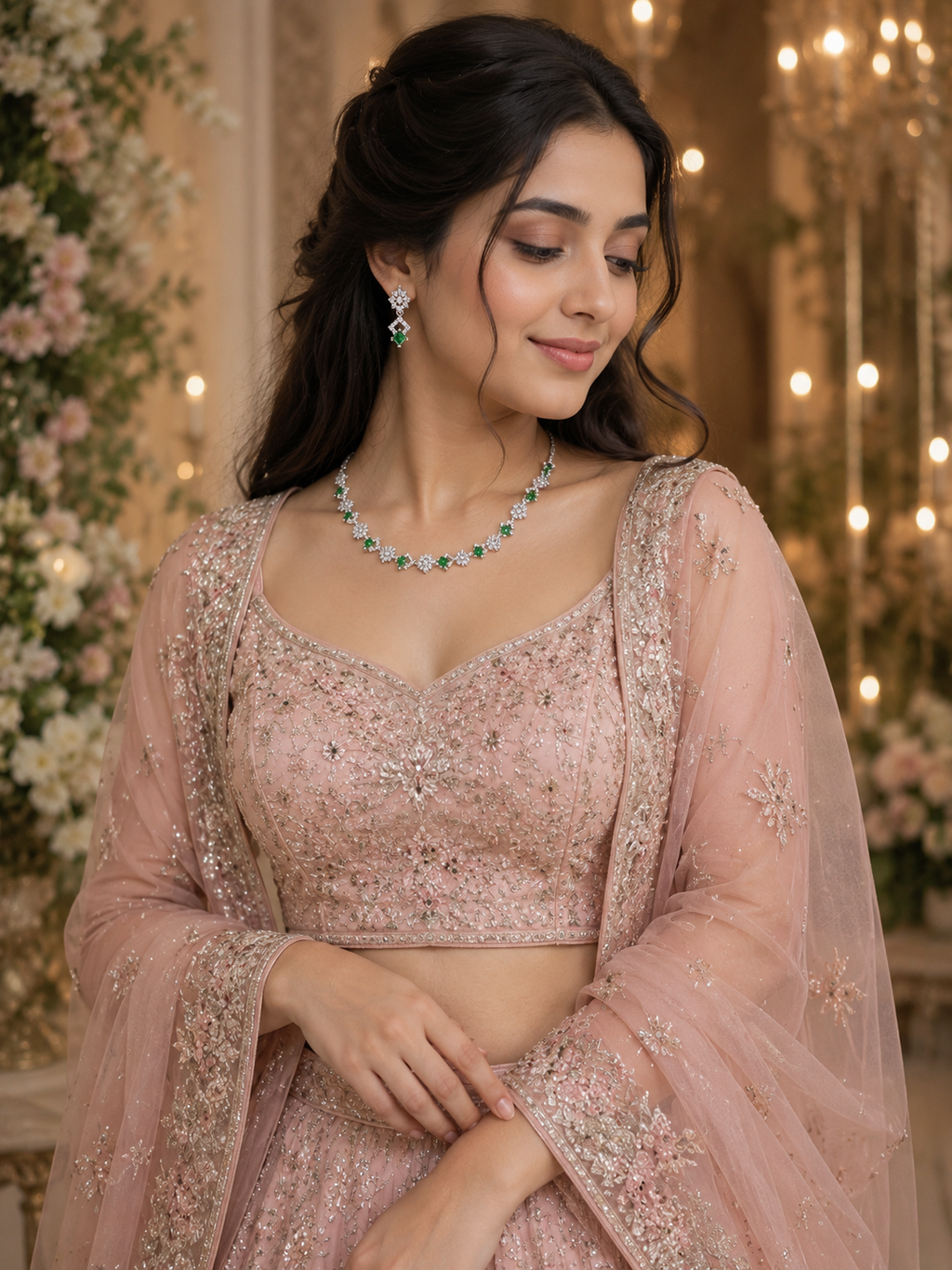 Emerald Green CZ Floral  Necklace & Earrings Set