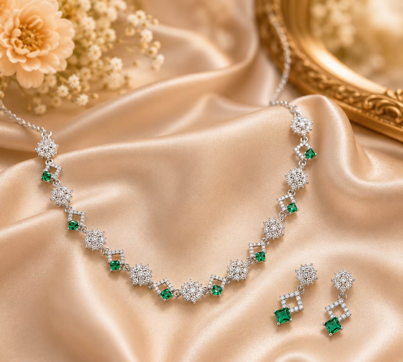Emerald Green CZ Floral  Necklace & Earrings Set