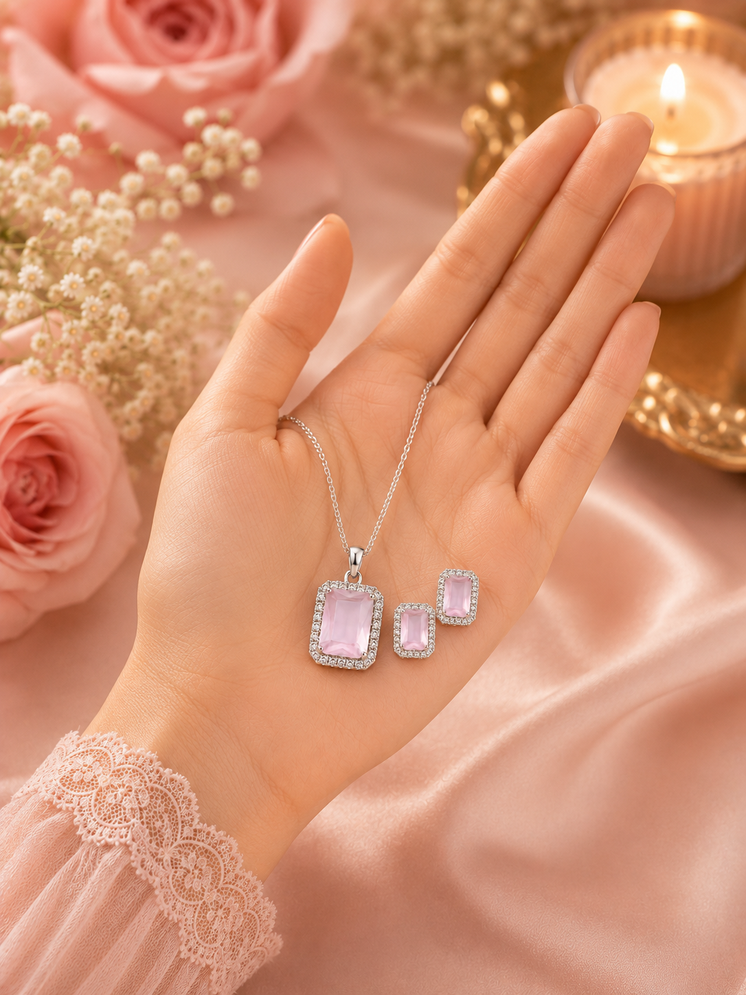 Emerald Cut American Diamond Pendant & Earring Set