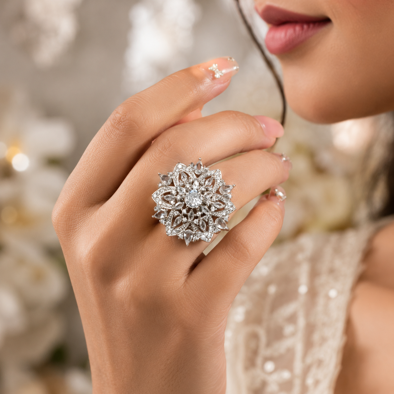 Crystal Floral Bloom CZ Adjustable Ring