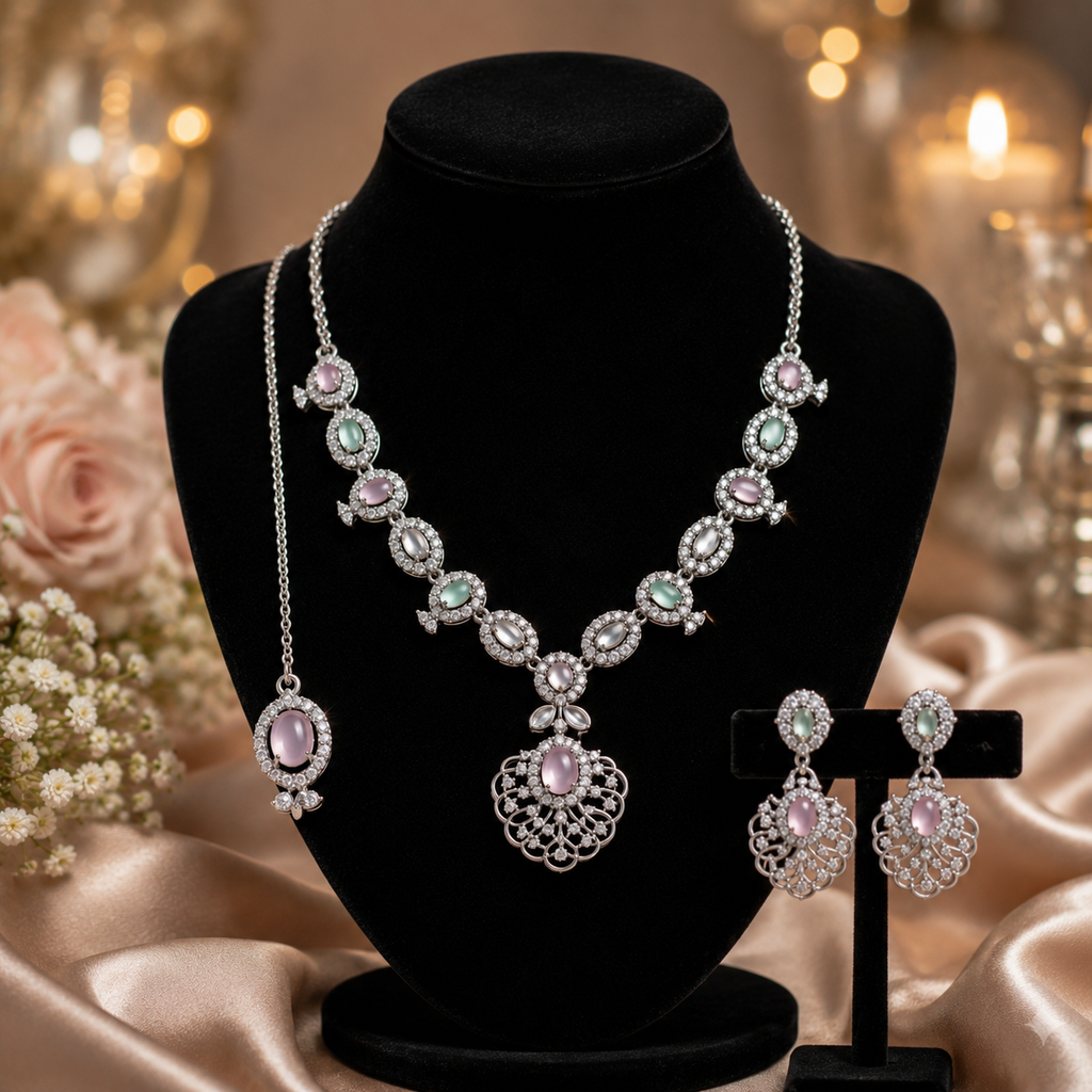 Pastel Multicolour CZ Filigree Pendant Necklace, Maang Tikka & Earrings Set