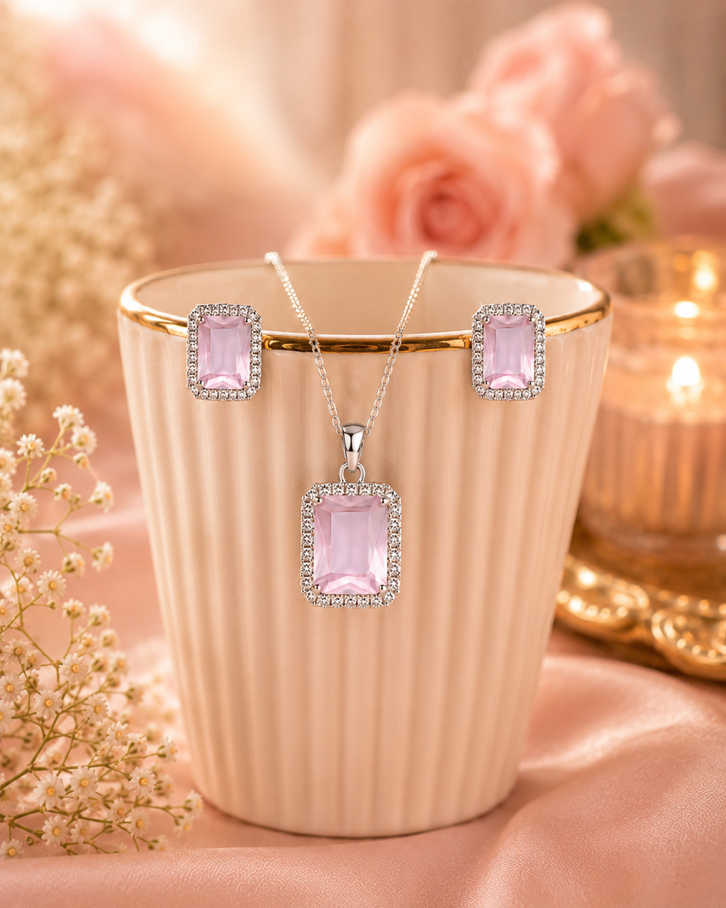 Emerald Cut American Diamond Pendant & Earring Set