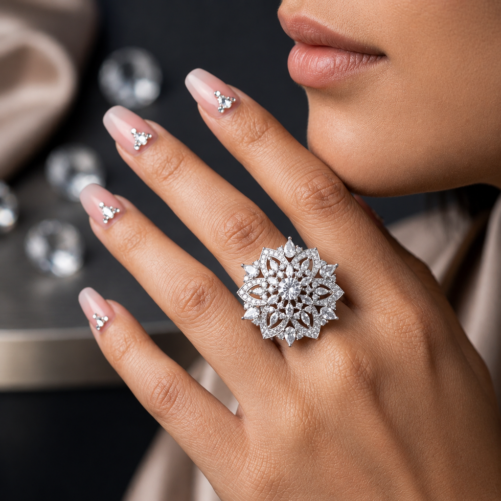 Crystal Floral Bloom CZ Adjustable Ring
