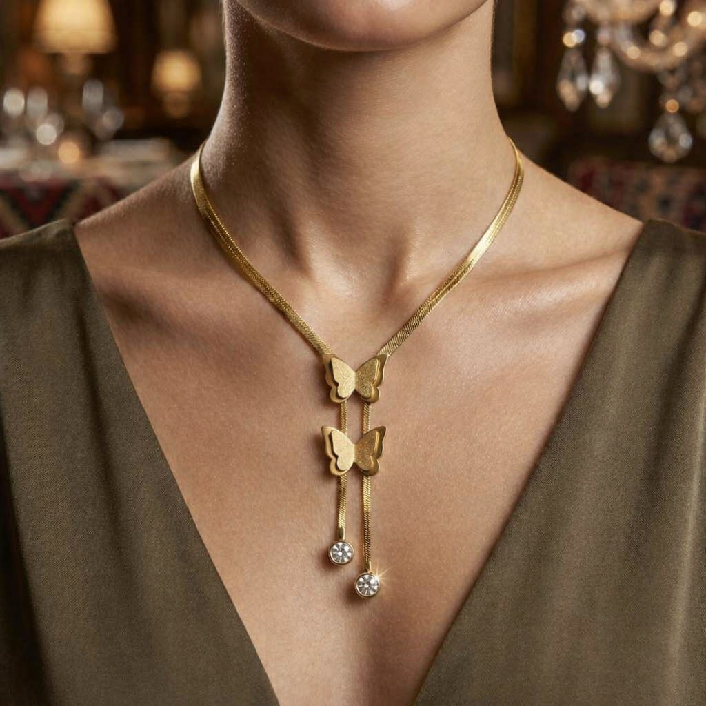 Elegant Anti Tarnish Gold Plated Butterfly Pendant Necklace for Women & Girls | Crystal Drop Chain | Daily Wear Jewelry