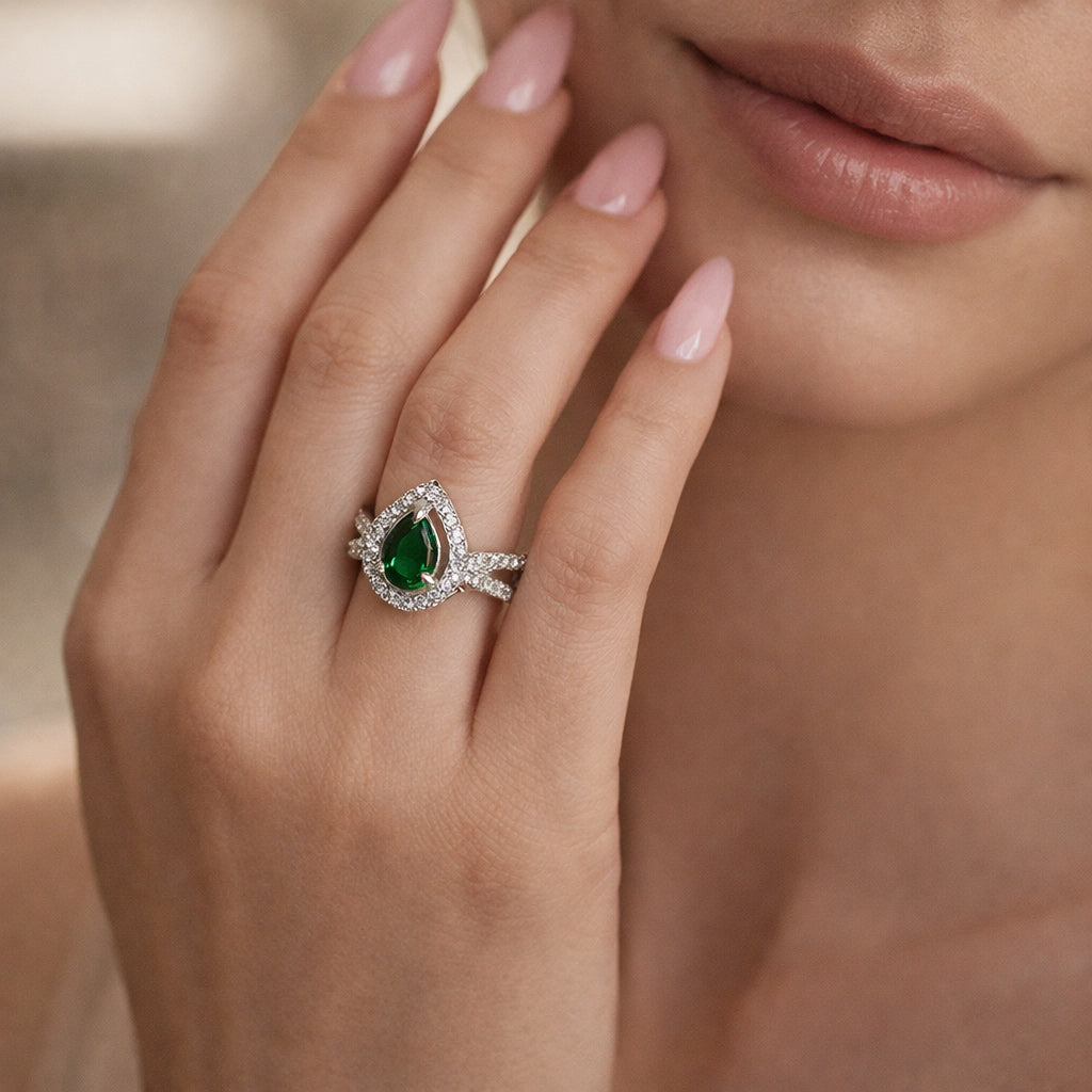 Emerald Pear CZ Halo Double Band Adjustable Ring