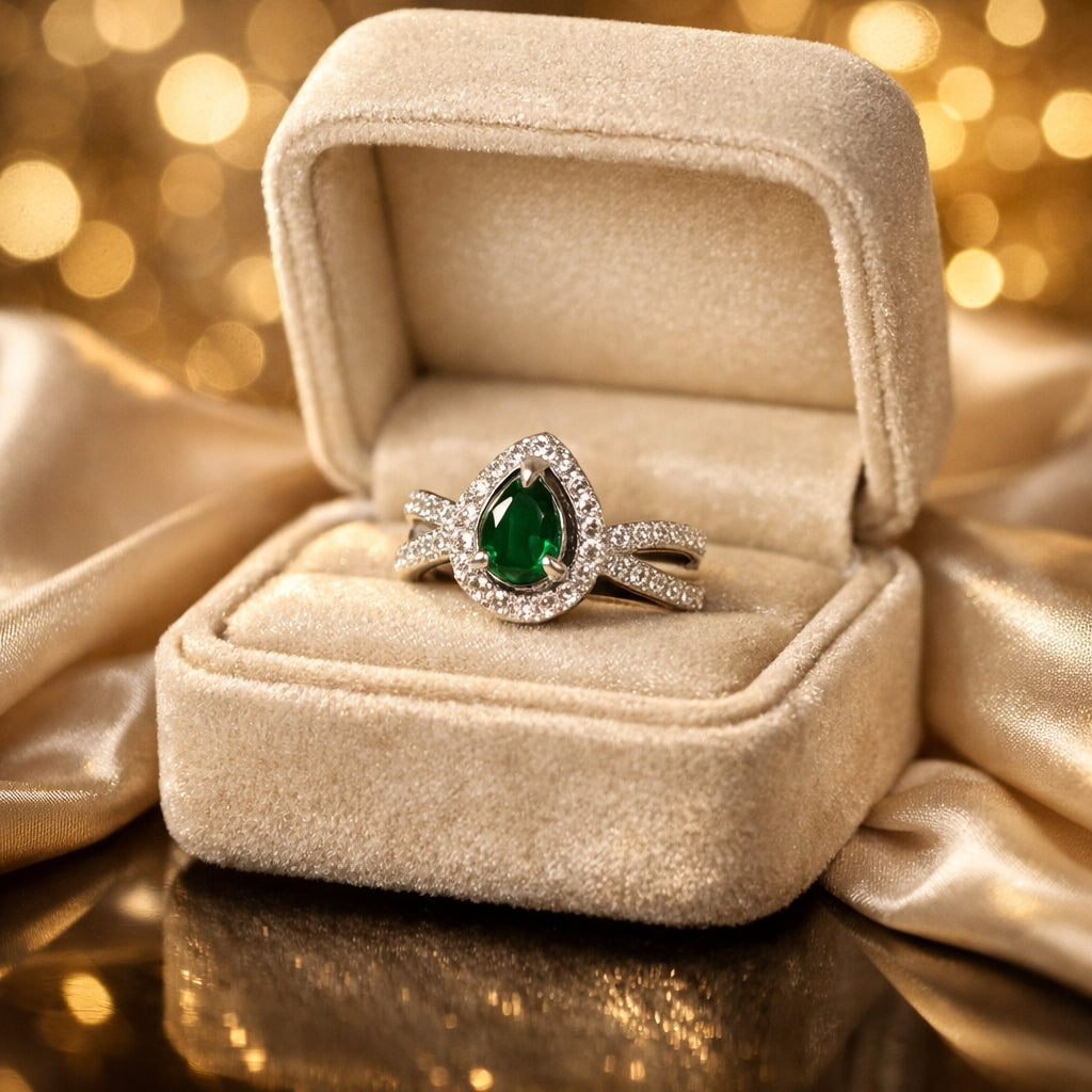 Emerald Pear CZ Halo Double Band Adjustable Ring