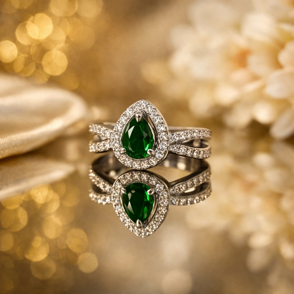 Emerald Pear CZ Halo Double Band Adjustable Ring