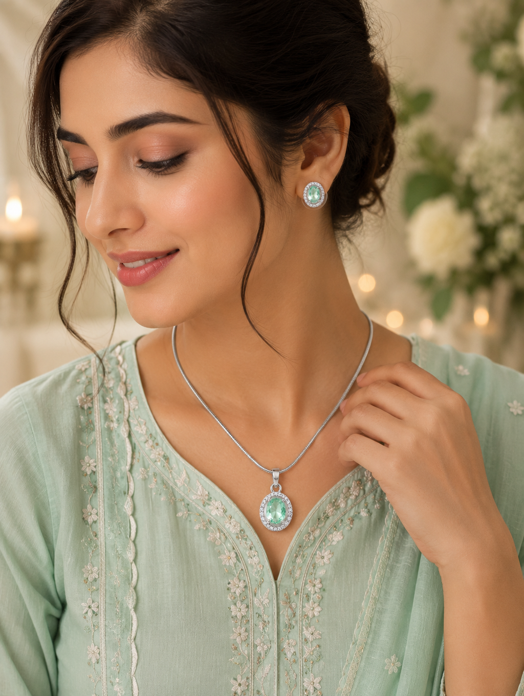 Mint Elegance Oval CZ Halo Pendant & Earring Set