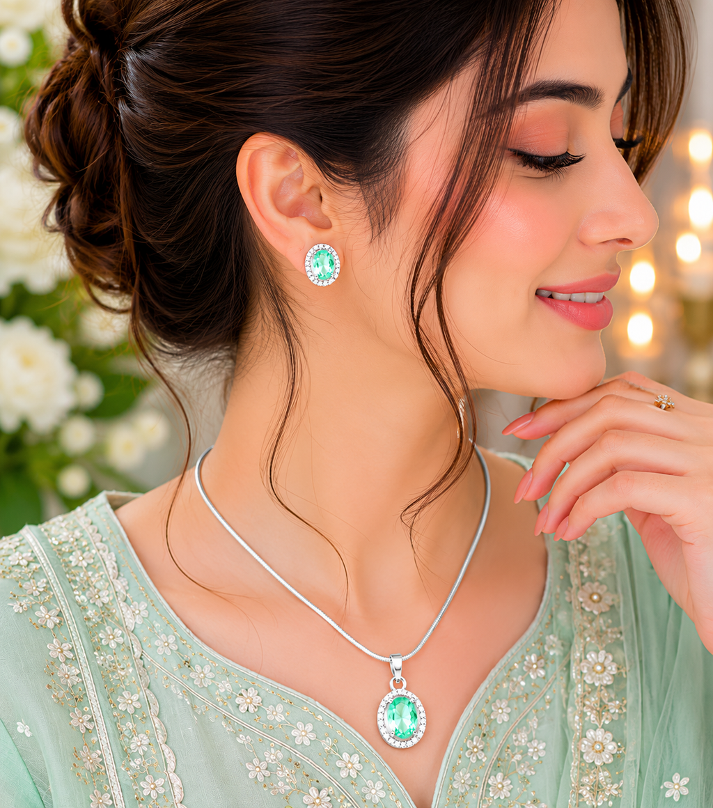 Mint Elegance Oval CZ Halo Pendant & Earring Set