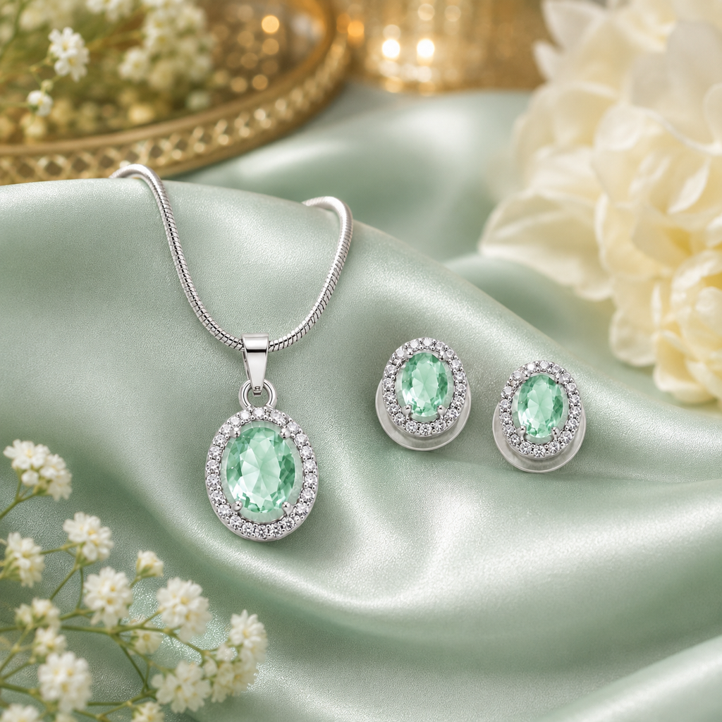 Mint Elegance Oval CZ Halo Pendant & Earring Set