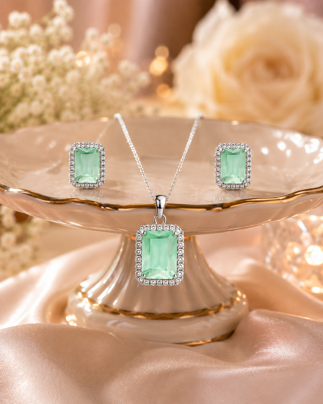 Emerald Cut American Diamond Pendant & Earring Set