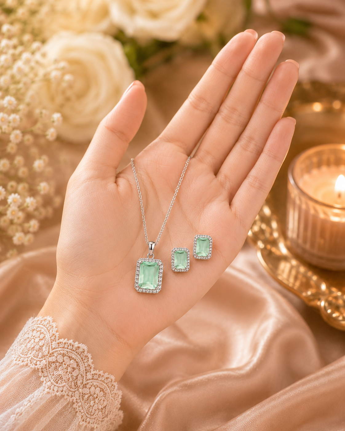 Emerald Cut American Diamond Pendant & Earring Set