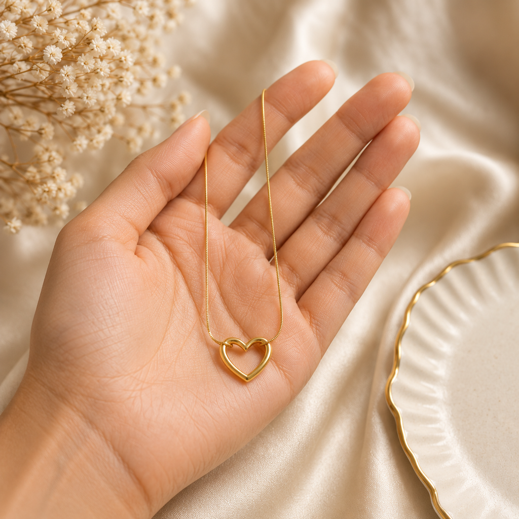 Gold-Toned Open Heart Pendant Necklace for Women & Girls | Minimalist Heart Chain Necklace| Anti- Tarnish Necklace