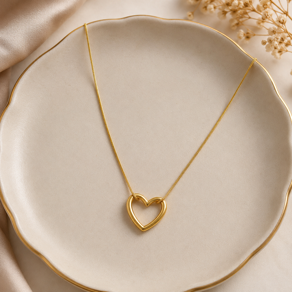 Gold-Toned Open Heart Pendant Necklace for Women & Girls | Minimalist Heart Chain Necklace| Anti- Tarnish Necklace