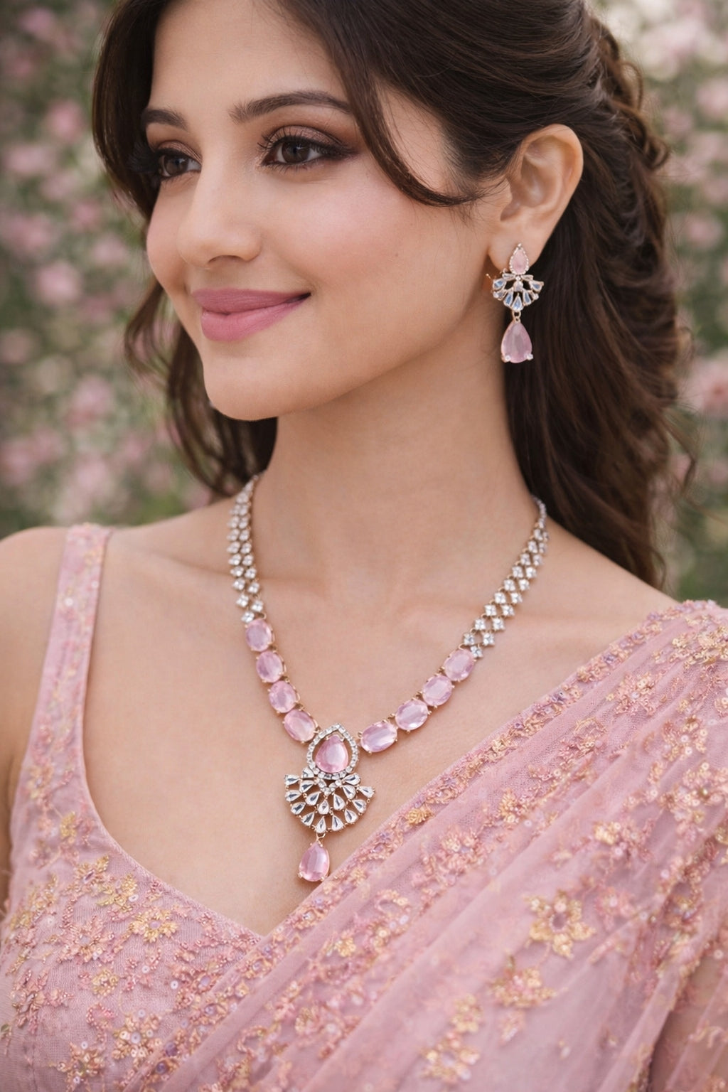 Rose Pink American Diamond Fan  Necklace & Earrings Set