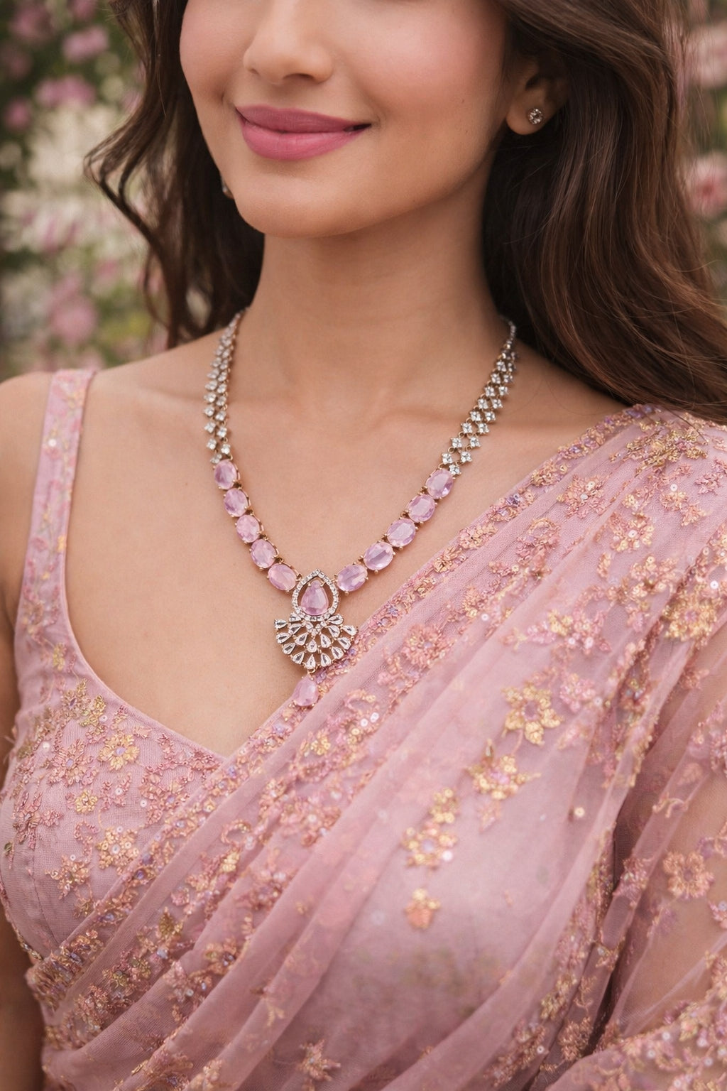 Rose Pink American Diamond Fan  Necklace & Earrings Set