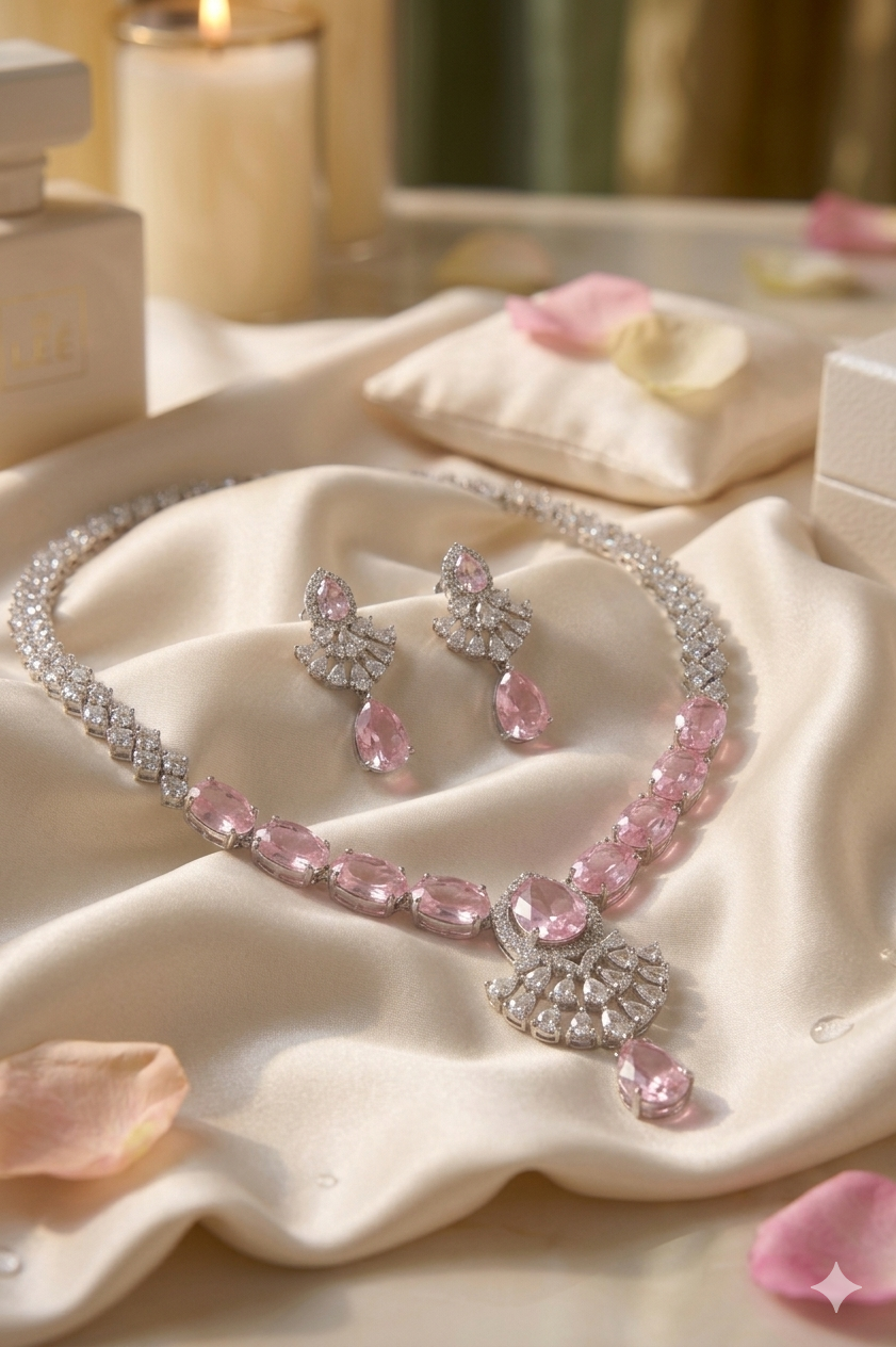 Rose Pink American Diamond Fan  Necklace & Earrings Set