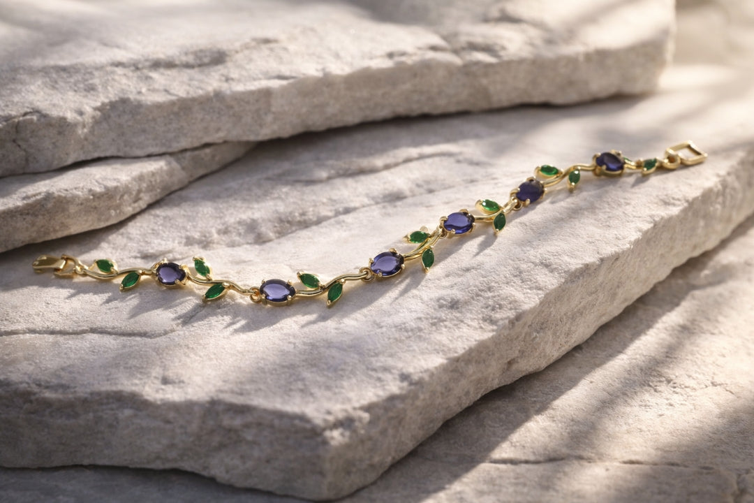 Gold-Plated Green & Purple Stone Bracelet for Women | Anti Tarnish Elegant Vine Design Bracelet | Lightweight Adjustable Jewelry for Girls & Women