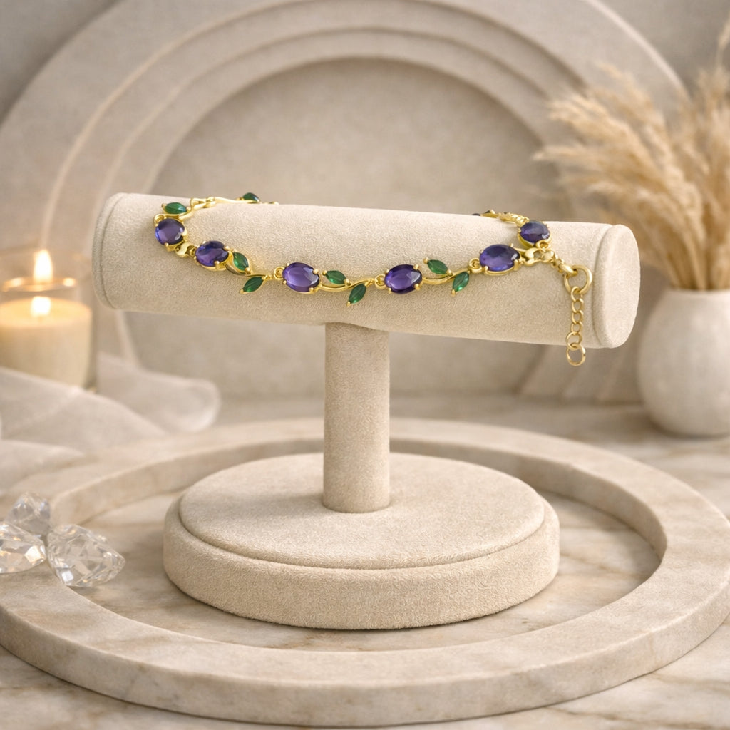 Gold-Plated Green & Purple Stone Bracelet for Women | Anti Tarnish Elegant Vine Design Bracelet | Lightweight Adjustable Jewelry for Girls & Women