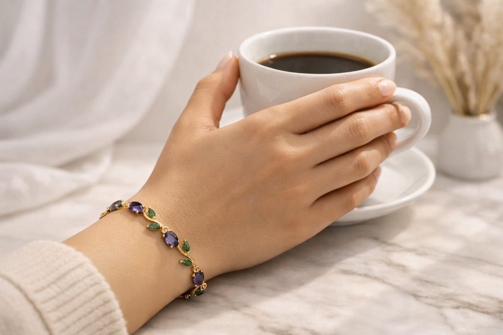 Gold-Plated Green & Purple Stone Bracelet for Women | Anti Tarnish Elegant Vine Design Bracelet | Lightweight Adjustable Jewelry for Girls & Women
