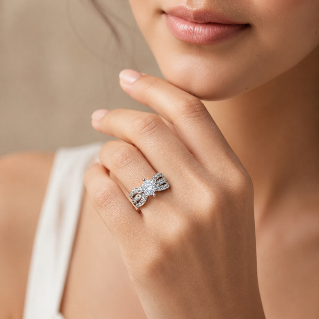 Crystal Bow CZ Solitaire Adjustable Ring